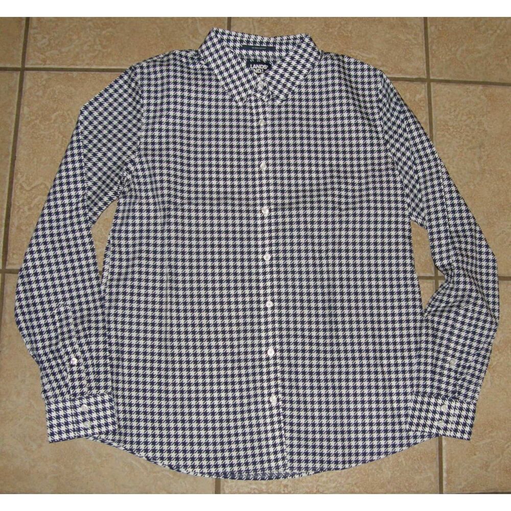 LANDS END Blue Houndstooth Sz 8 No Iron Cotton Long Sleeve Button Up Shirt NEW